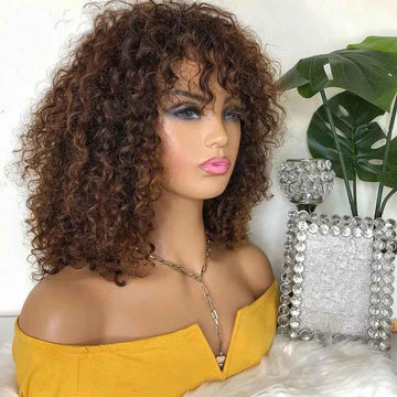 Tiktok Beaudiva Highlight Brown Colored Deep Wave Human Hair Wigs with Bangs 150% Density Glueless Machine Made Curly Wigs